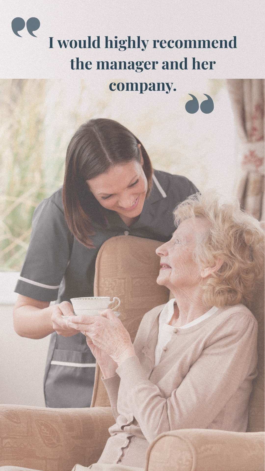Caregiver handing a teacup to an elderly woman in a cozy home setting.