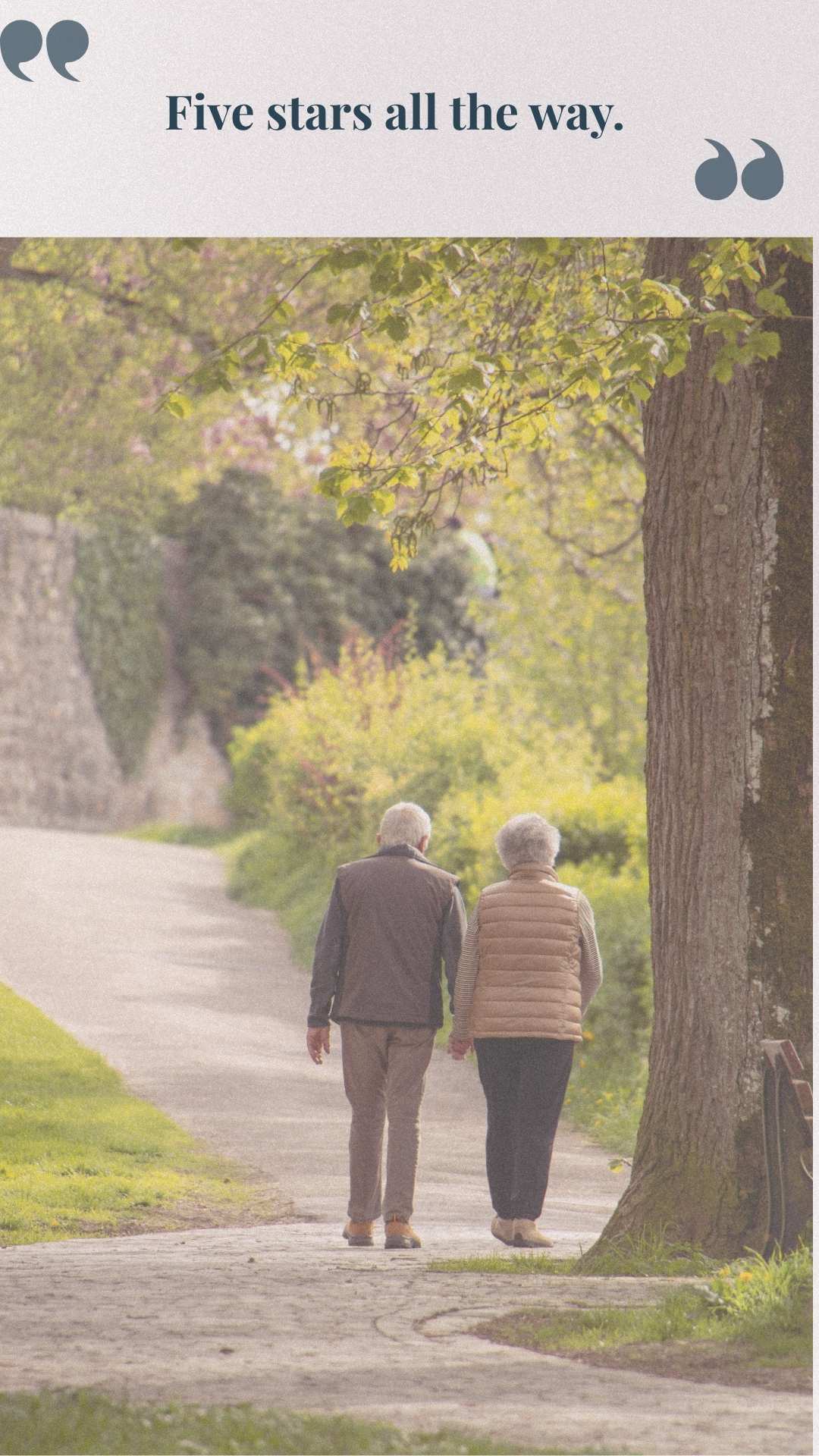 Elderly couple walking hand-in-hand down a tree-lined path in a peaceful park.