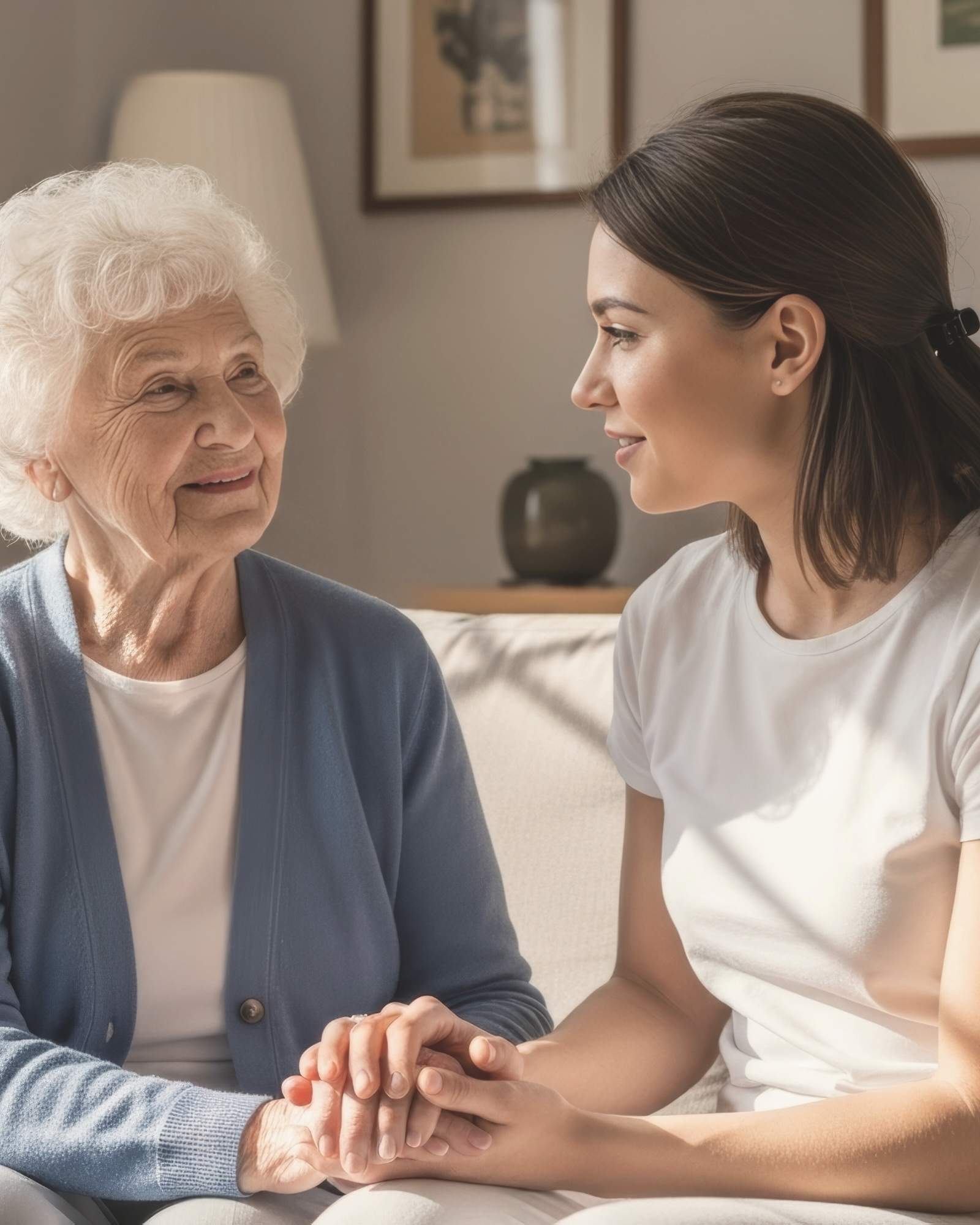 A caregiver and older adult sit together on a cosy couch, holding hands and talking in a warmly lit home.